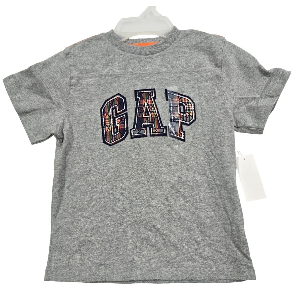 Baby Gap Boys 5T Short Sleeve Plaid Logo Graphic Tee Gray Cotton Shirt VTG Y2K